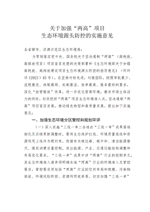 关于加强“两高”项目生态环境源头防控的实施意见.docx