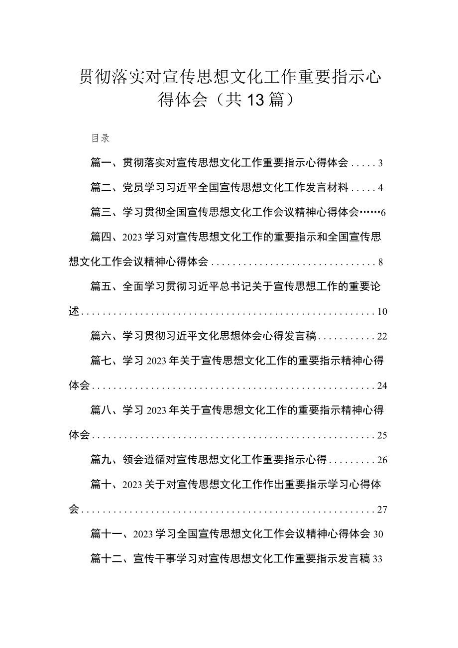 2023贯彻落实对宣传思想文化工作重要指示心得体会（共13篇）.docx_第1页