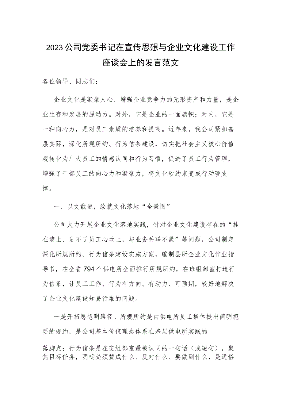 2023公司党委书记在宣传思想与企业文化建设工作座谈会上的发言范文.docx_第1页