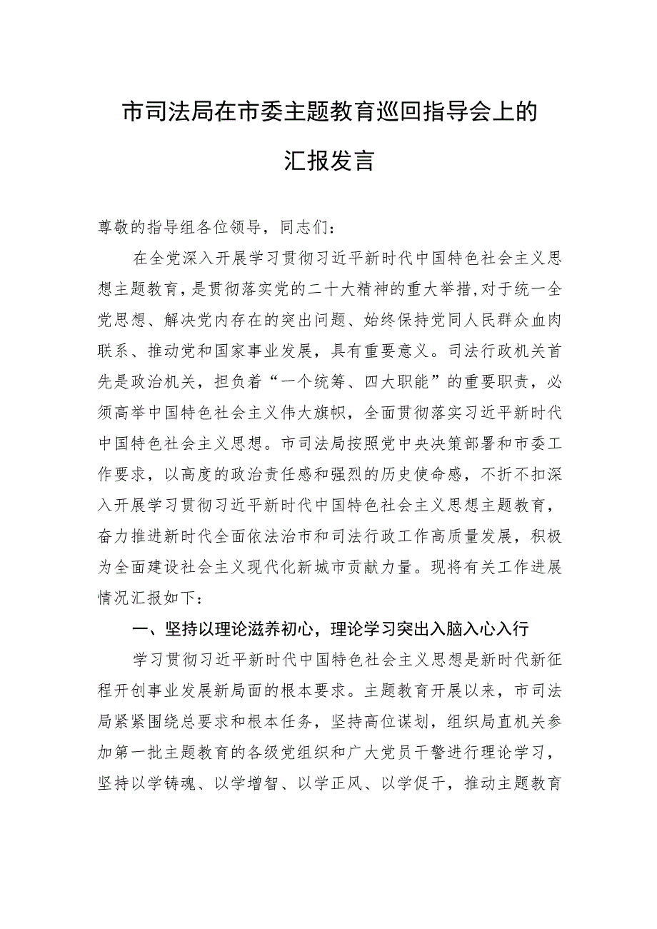 市司法局在市委主题教育巡回指导会上的汇报发言.docx_第1页