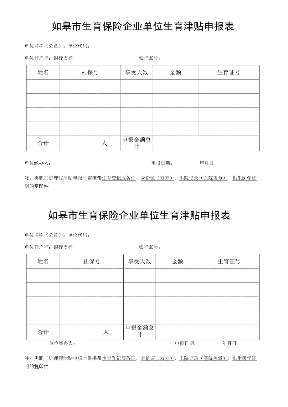 如皋市生育保险企业单位生育津贴申报表.docx_第1页