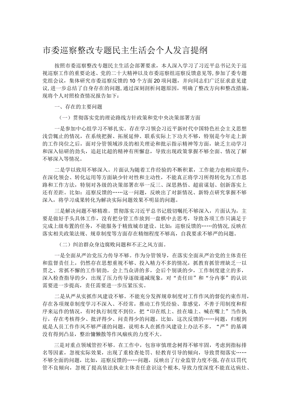 市委巡察整改专题民主生活会个人发言提纲.docx_第1页