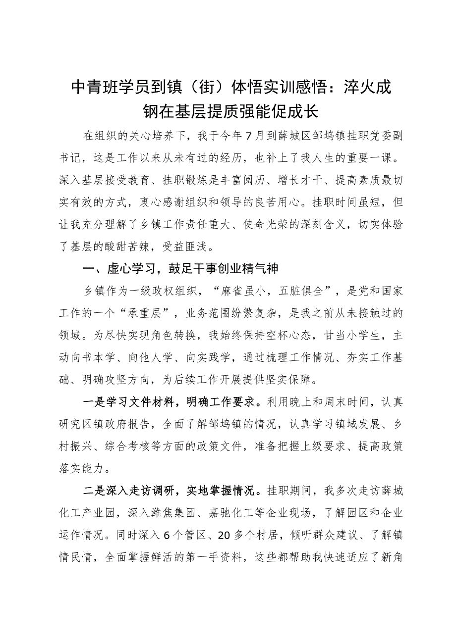 中青班学员到镇（街）体悟实训感悟：淬火成钢在基层 提质强能促成长.docx_第1页