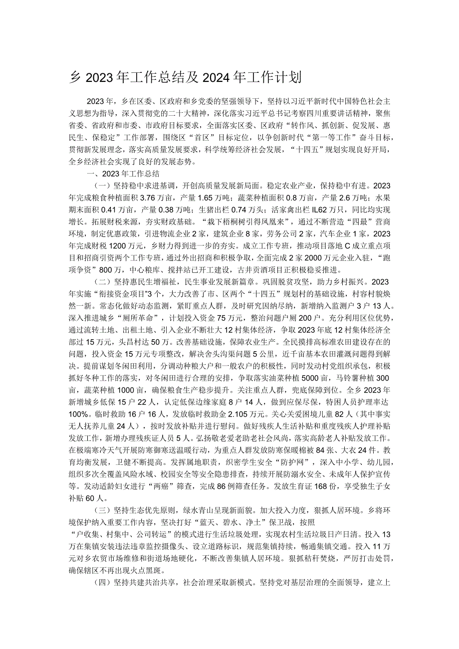 乡2023年工作总结及2024年工作计划.docx_第1页