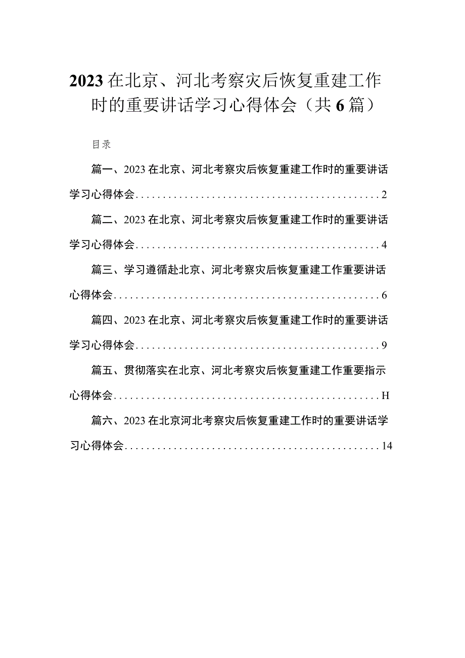 2023在北京、河北考察灾后恢复重建工作时的重要讲话学习心得体会六篇(最新精选).docx_第1页