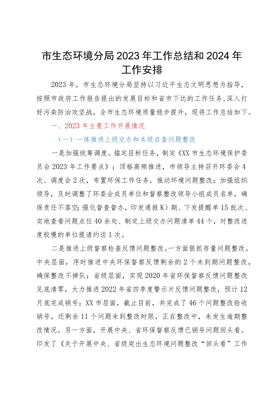 市生态环境分局2023年工作总结和2024年工作安排.docx_第1页