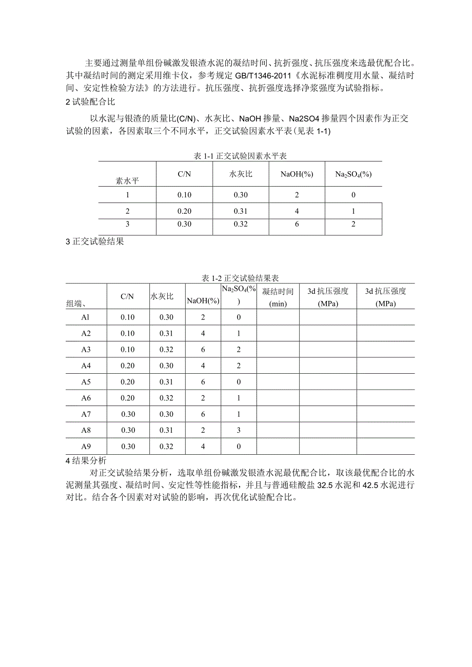 单组份碱激发镍渣水泥的凝结时间、抗折强度、抗压强度来选最优配合比.docx_第1页