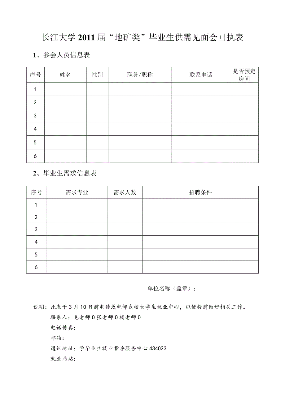 长江大学2011届“地矿类”毕业生供需见面会回执表.docx_第1页