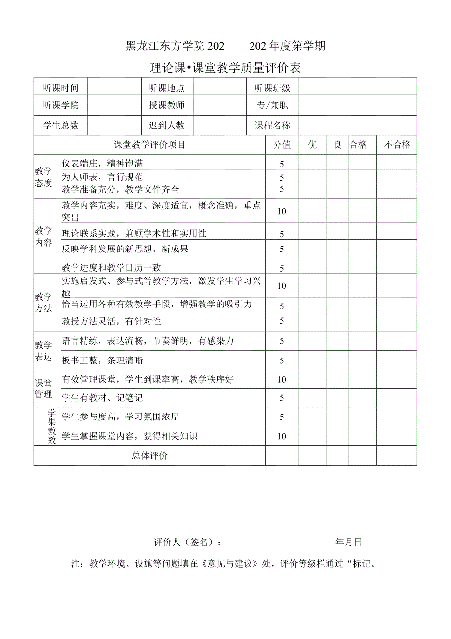 黑龙江东方学院202—202年度第学期理论课-课堂教学质量评价表.docx_第1页