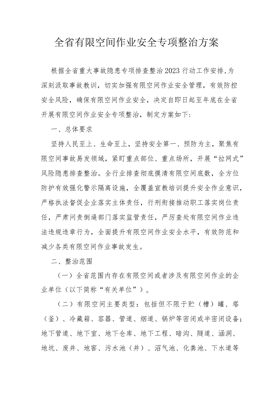 全省有限空间作业安全专项整治方案.docx_第1页