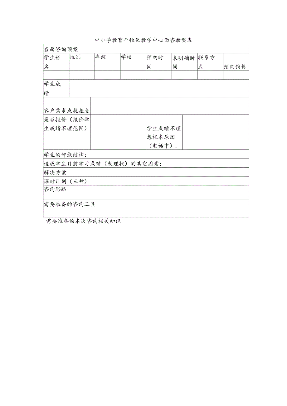 中小学教育个性化教学中心面咨教案表.docx_第1页