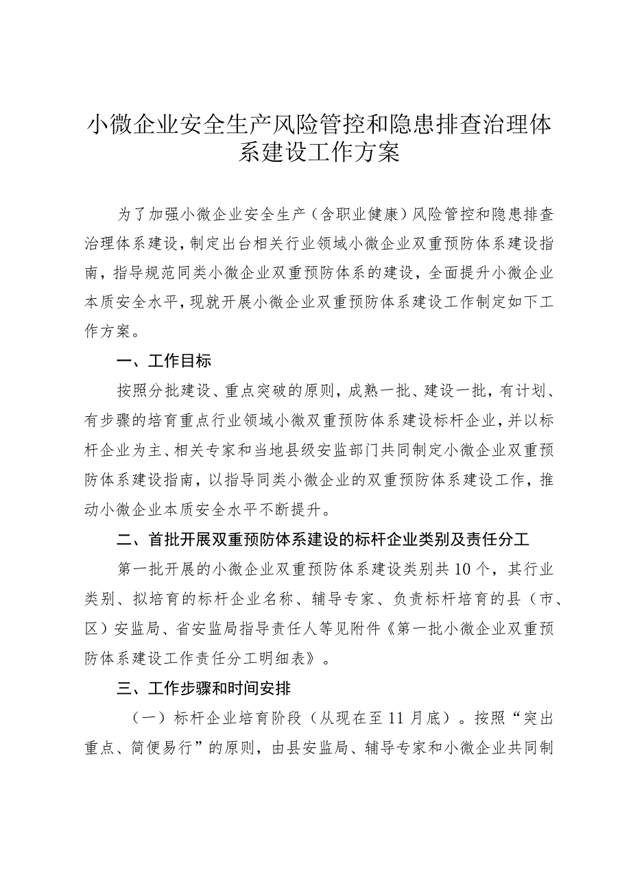 小微企业安全生产风险管控和隐患排查治理体系建设工作方案.docx_第1页