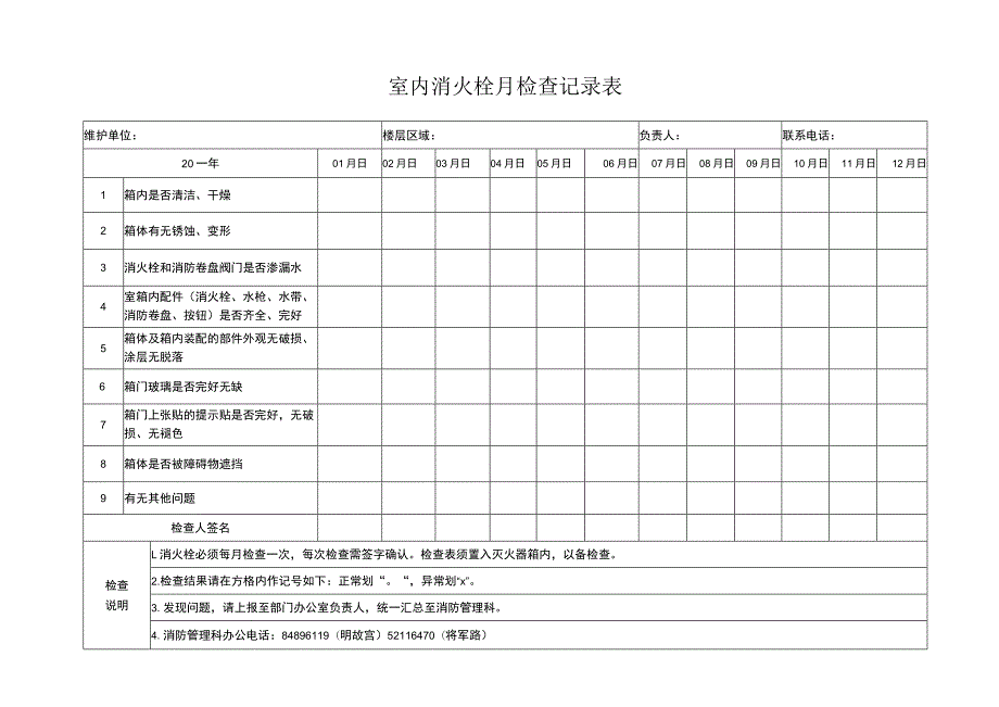 联系电话室内消火栓月检查记录表.docx_第1页