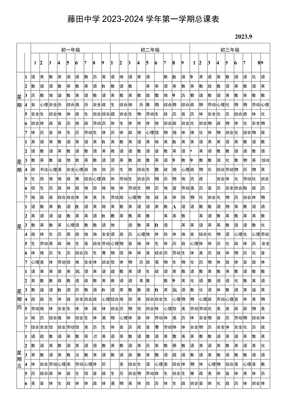 藤田中学2023—2024学年第一学期总课表.docx_第1页