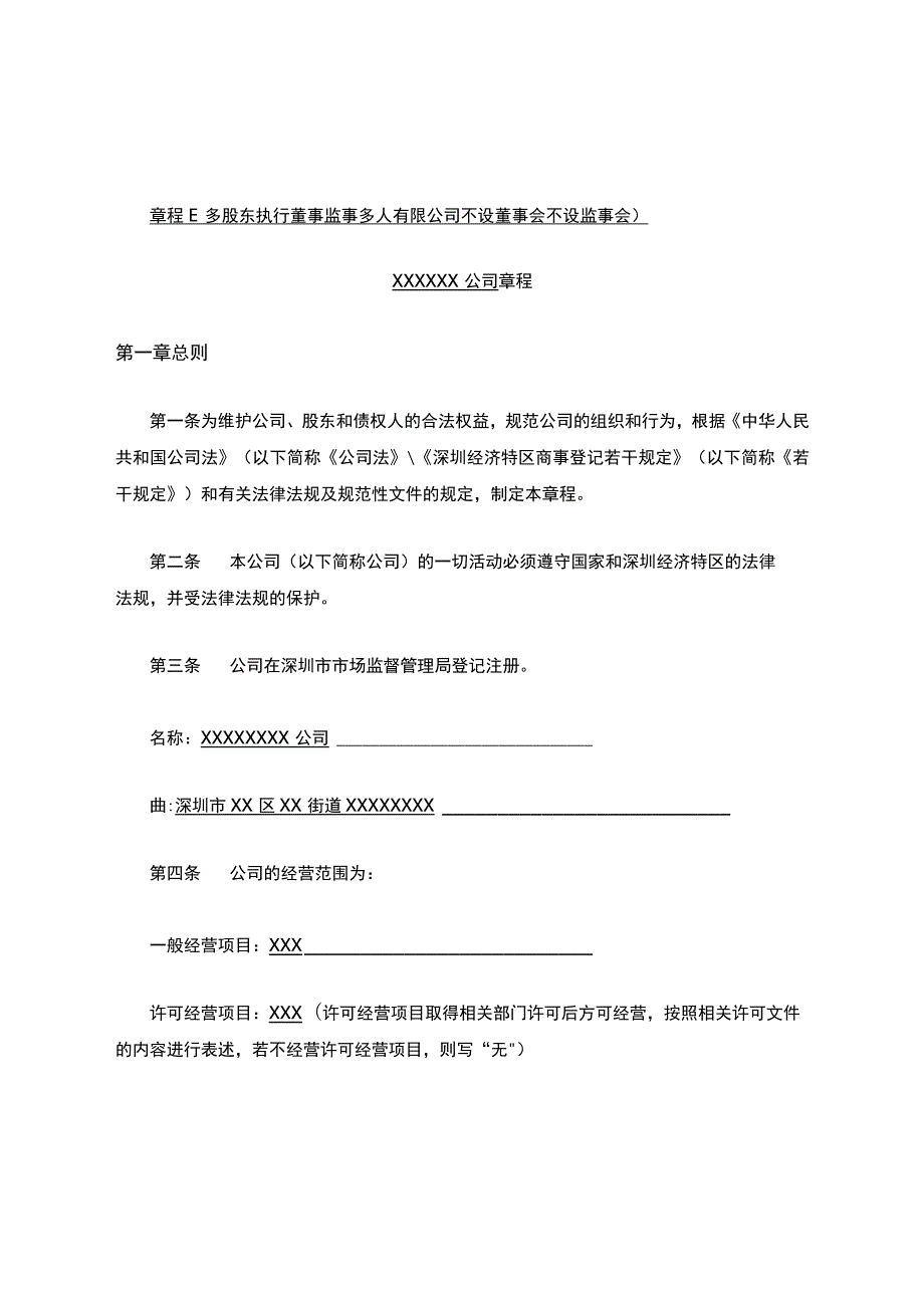 2019深圳公司章程E多股东执行董事监事多人有限公司不设董事会不设监事会.docx_第1页