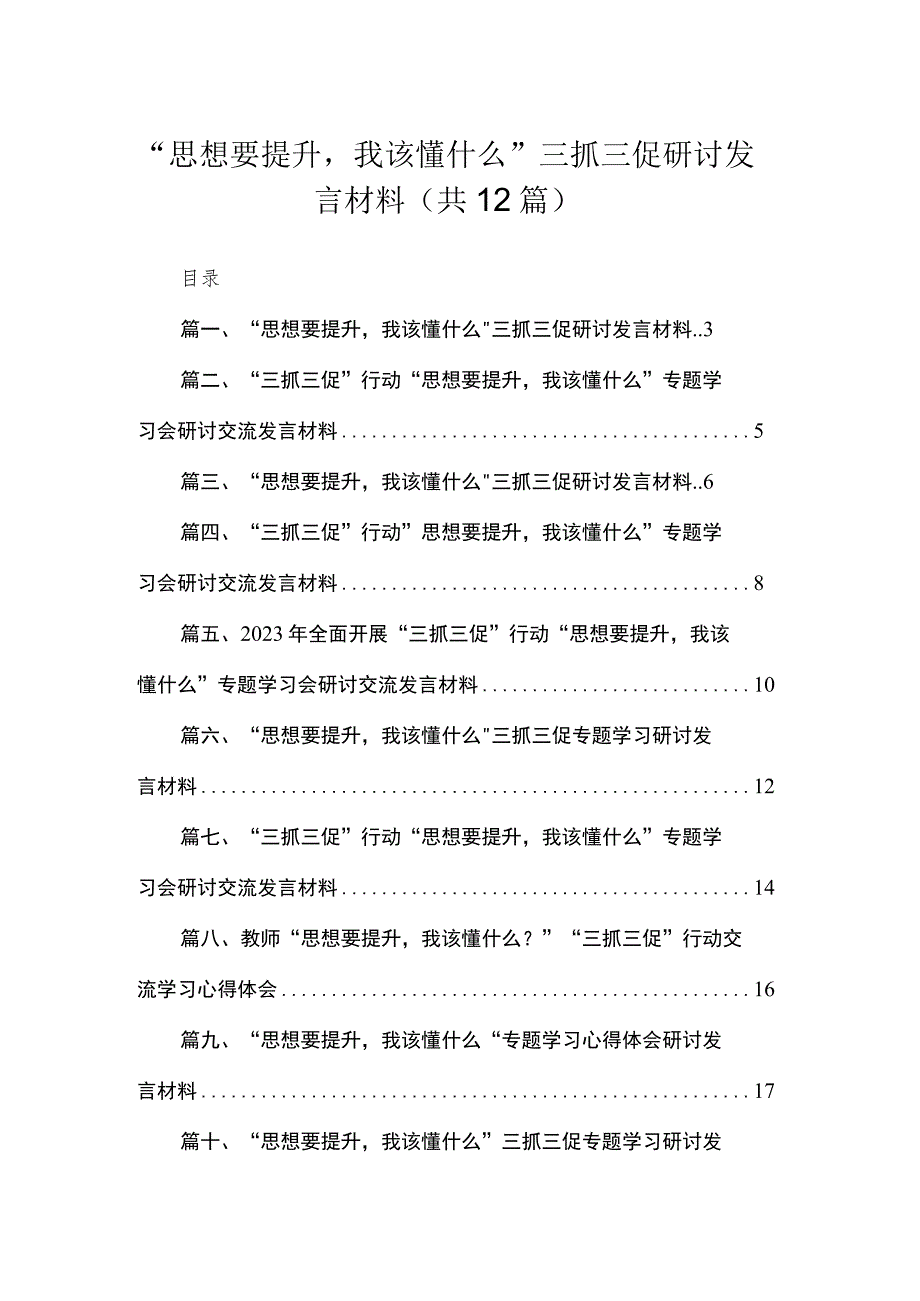 （12篇）“思想要提升我该懂什么”三抓三促研讨发言材料供参考.docx_第1页