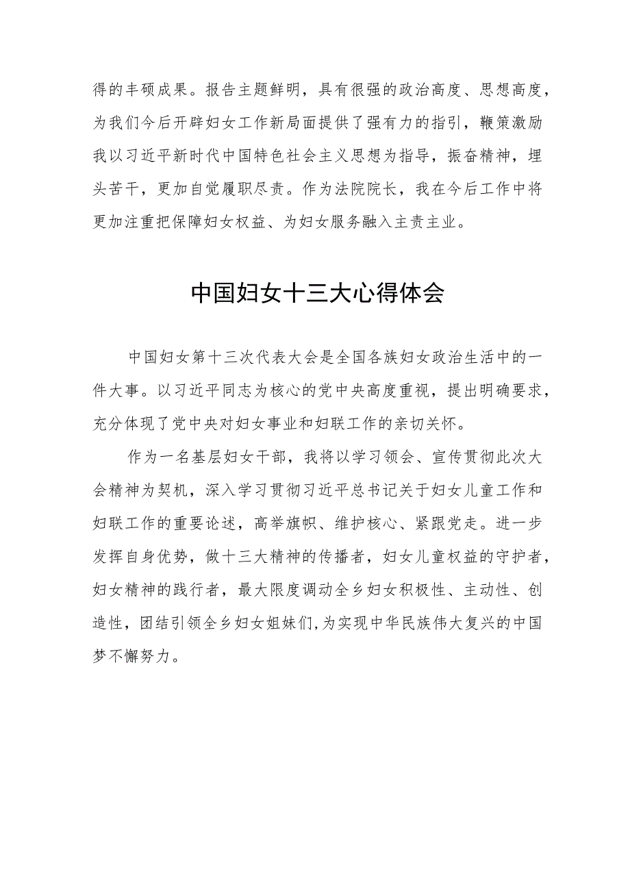 妇女干部学习中国妇女第十三次全国代表大会精神心得体会发言材料(18篇).docx_第2页