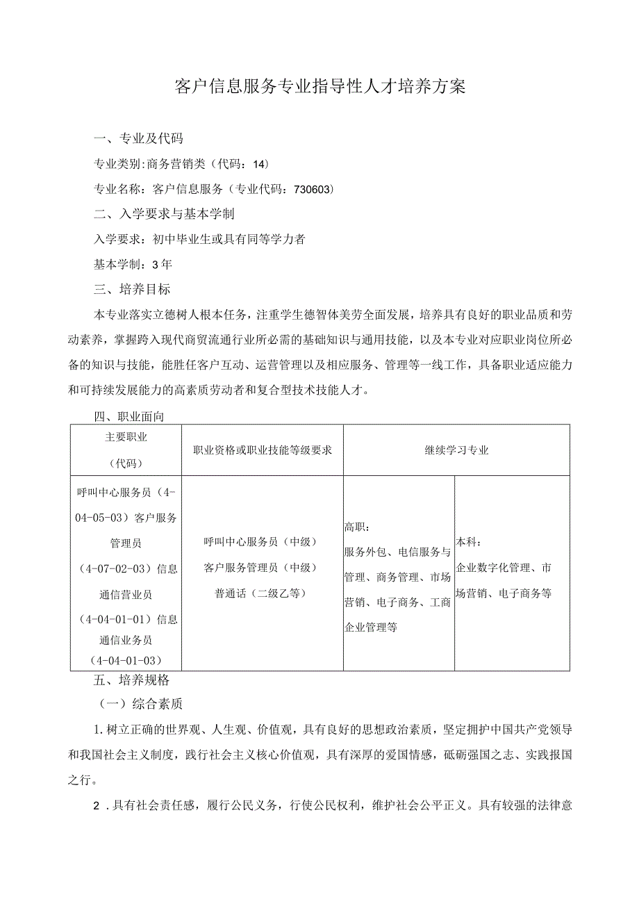 客户信息服务专业指导性人才培养方案.docx_第1页