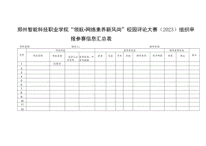 郑州智能科技职业学院“领航网络素养新风尚”校园评论大赛2023组织申报参赛信息汇总表.docx