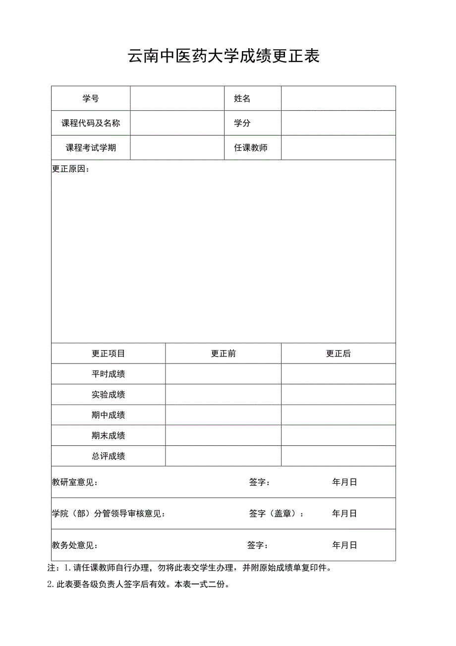 云南中医药大学成绩更正表.docx_第1页