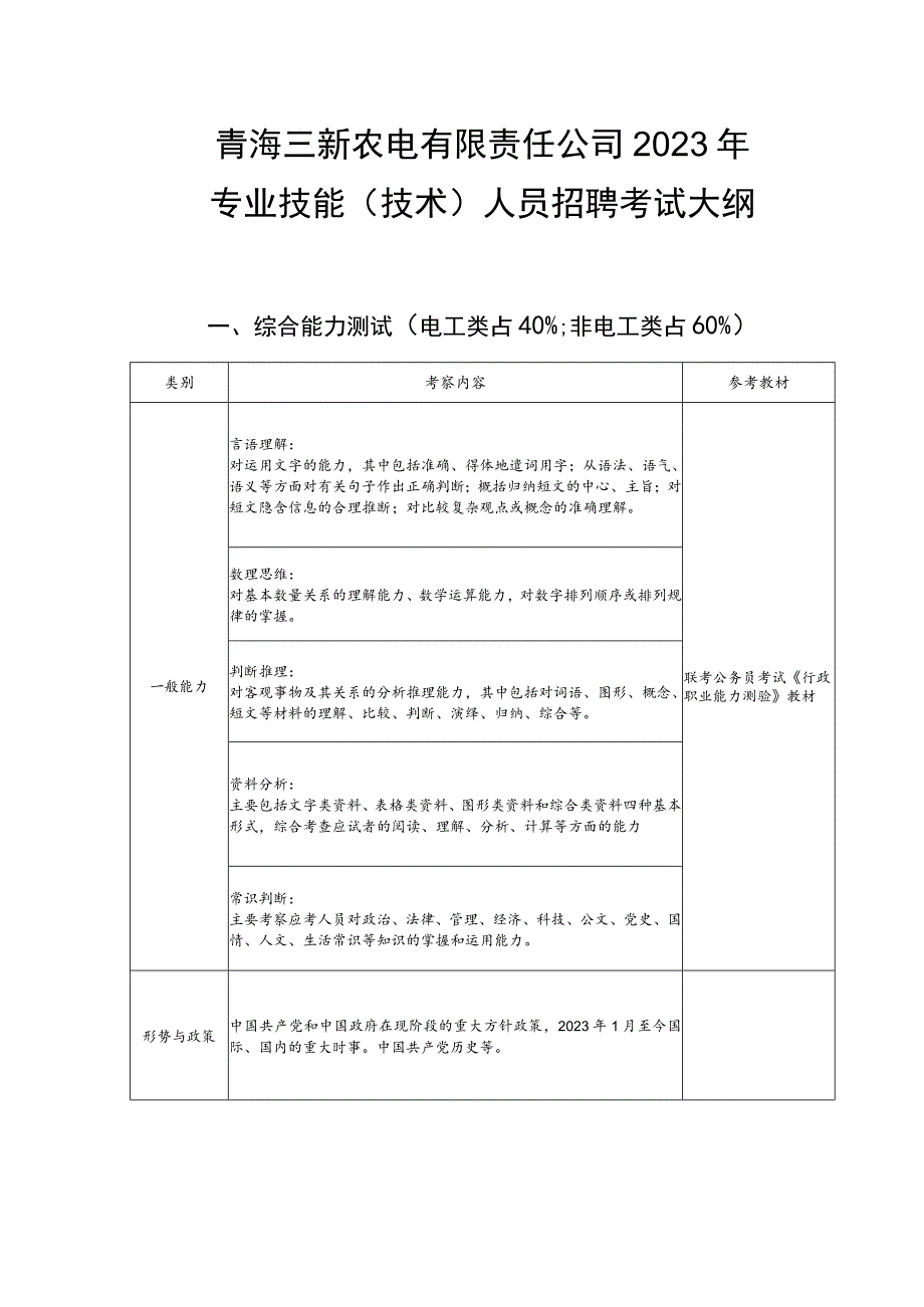 青海三新农电有限责任公司2023年专业技能技术人员招聘考试大纲.docx_第1页