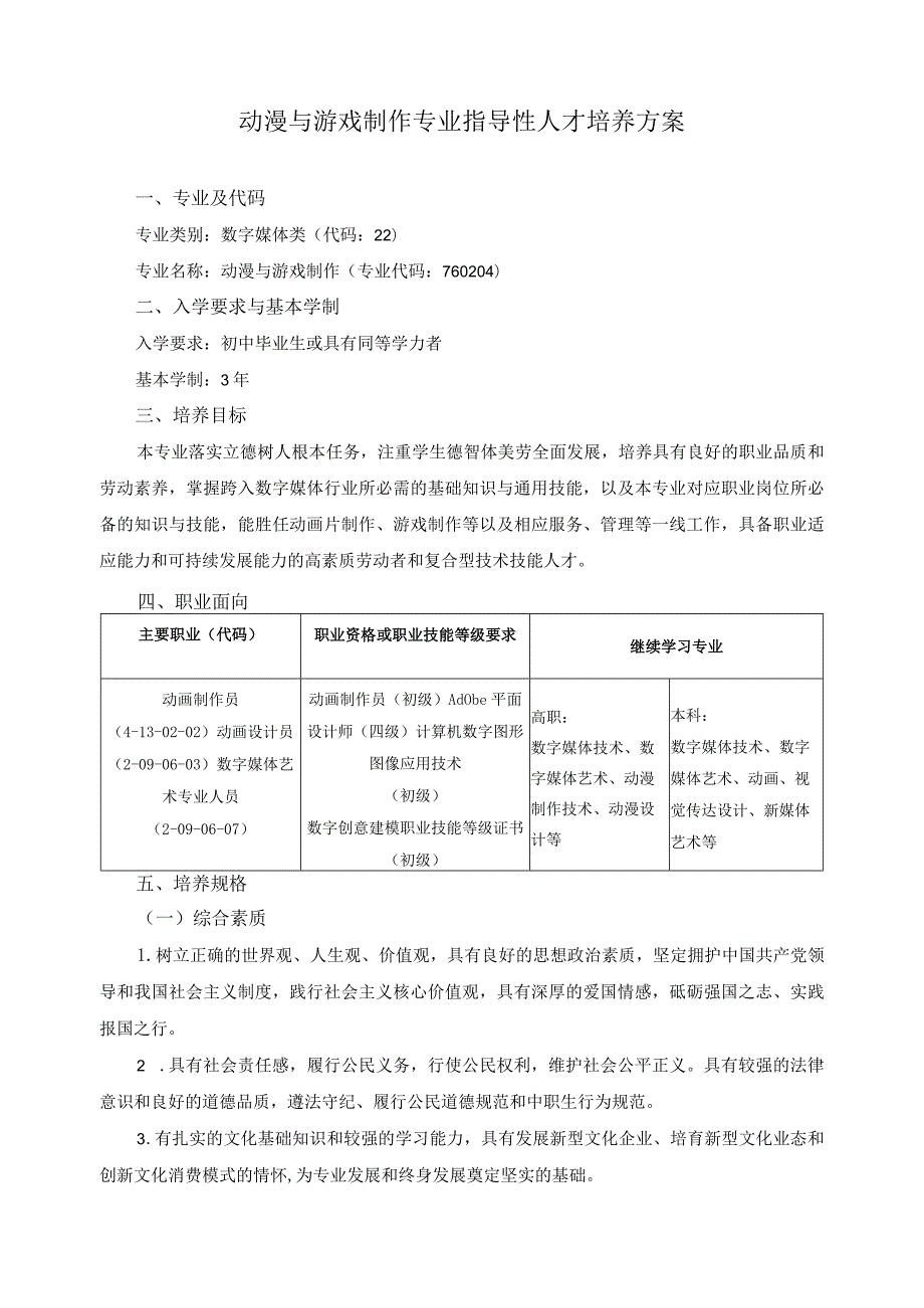 动漫与游戏制作专业指导性人才培养方案.docx_第1页