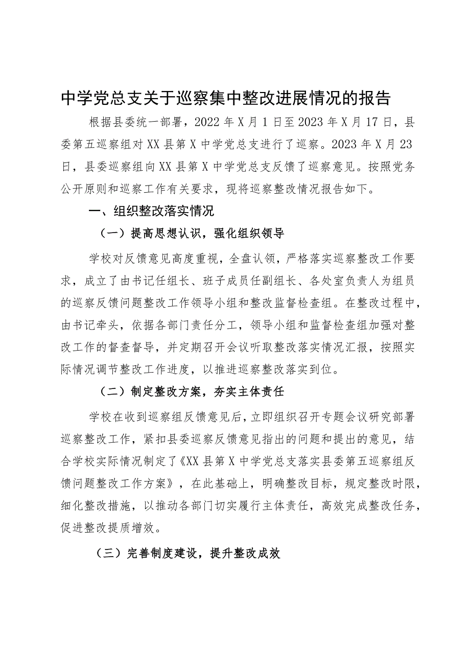 中学党总支关于巡察集中整改进展情况的报告.docx_第1页