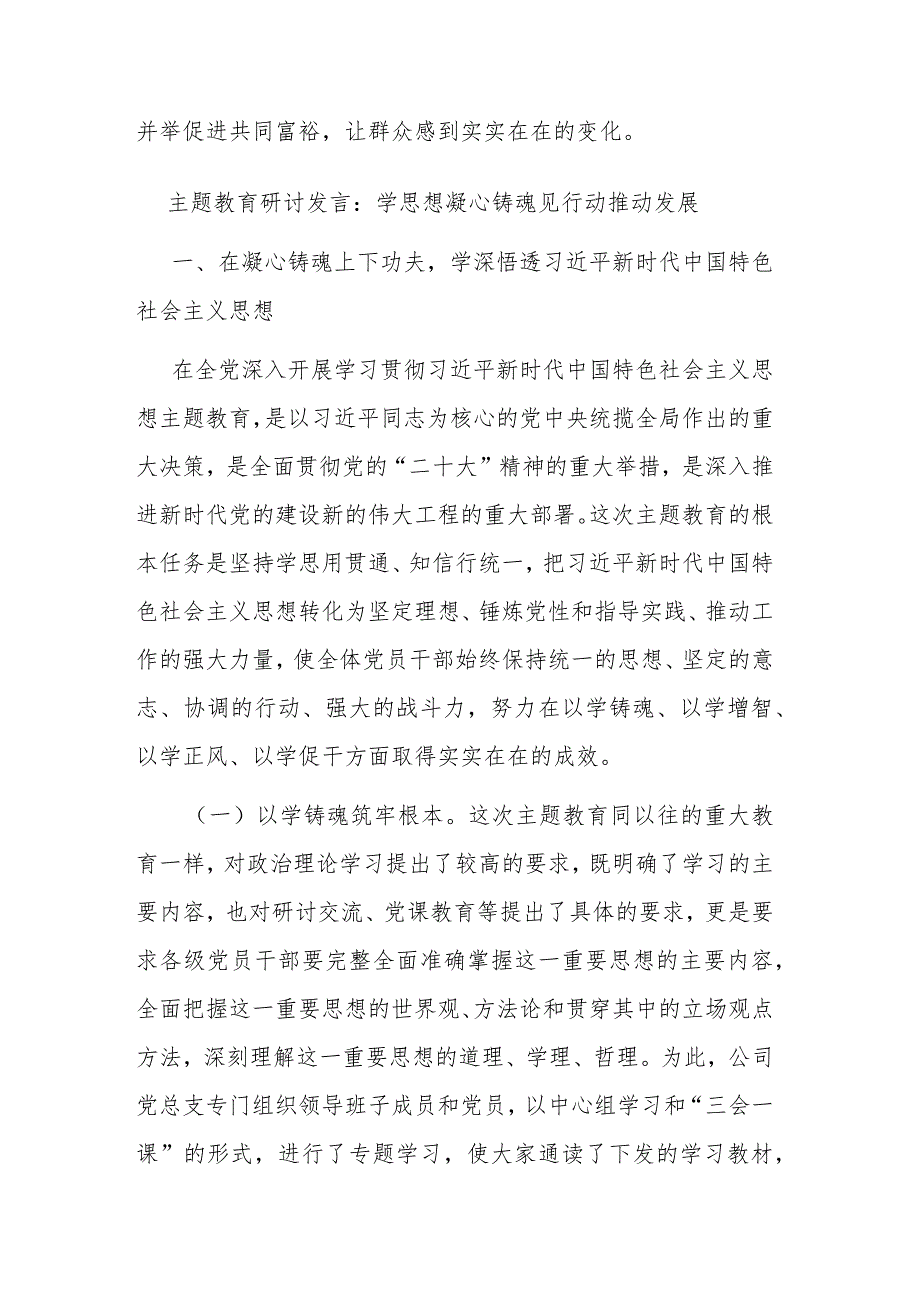 2篇主题教育研讨发言：学思想凝心铸魂 见行动推动发展.docx_第3页