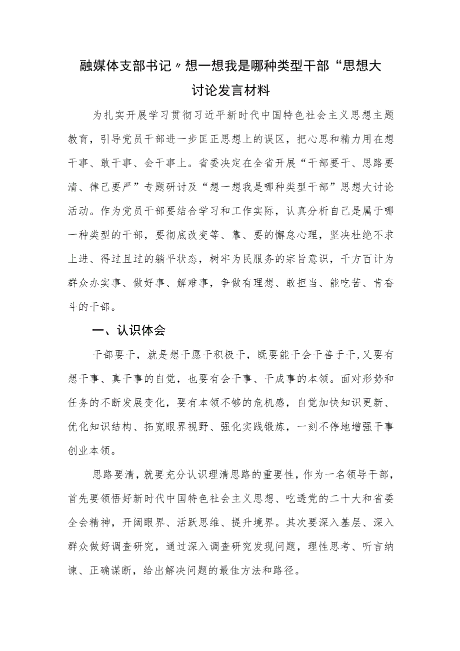 融媒体支部书记“想一想我是哪种类型干部”思想大讨论发言材料.docx_第1页