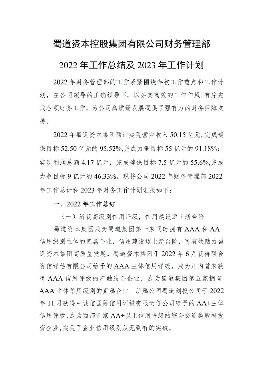 公司财务管理部2022年工作总结及2023年工作计划.docx_第1页