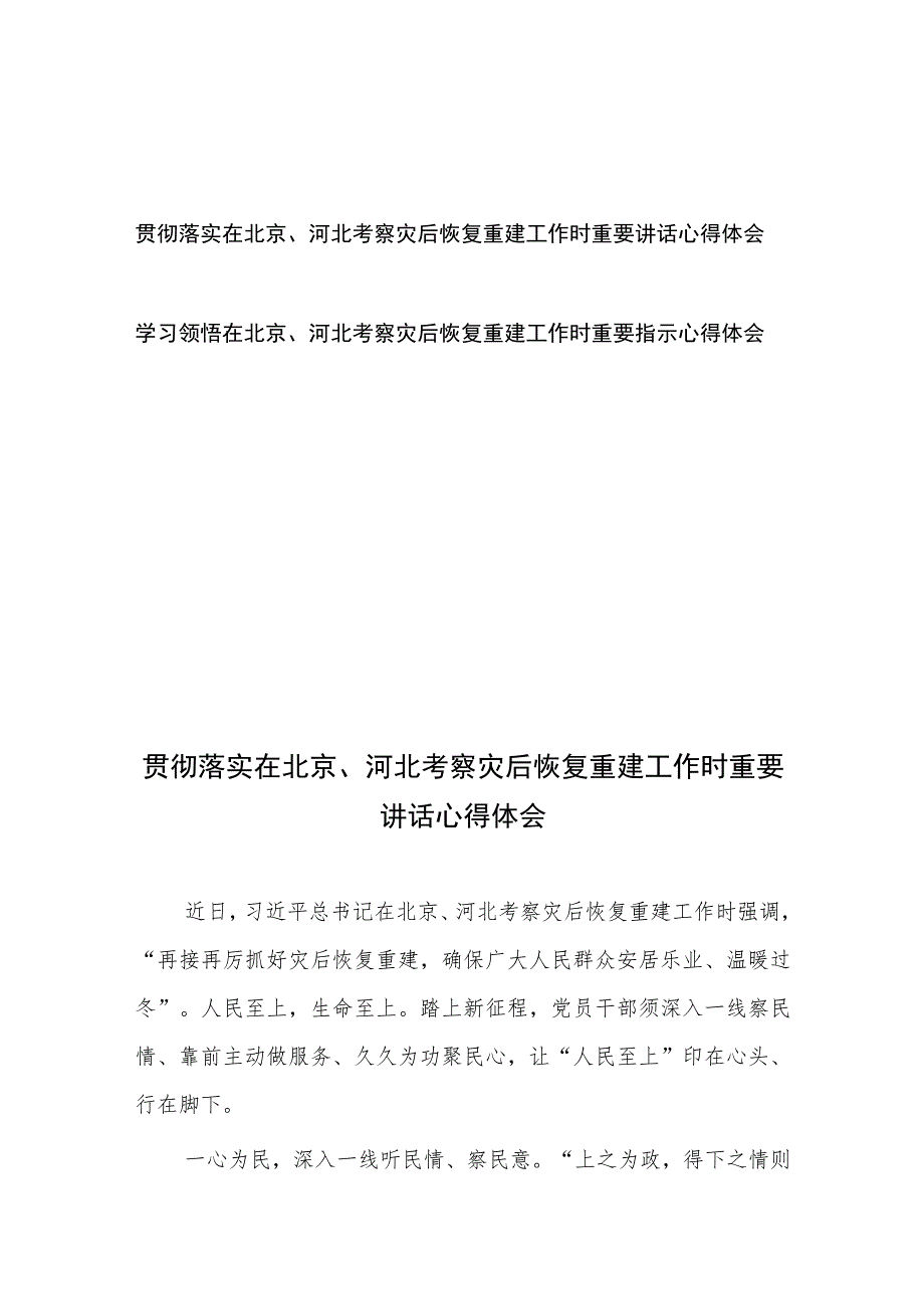 贯彻落实在北京、河北考察灾后恢复重建工作时重要讲话心得体会2篇.docx_第1页