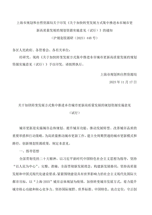 上海市规划和自然资源局关于印发《关于加快转变发展方式集中推进本市城市更新高质量发展的规划资源实施意见(试行)》的通知.docx