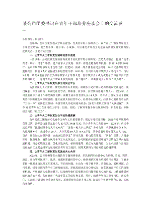 某公司团委书记在青年干部培养座谈会上的交流发言.docx