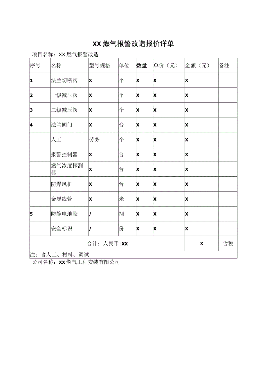 XX燃气报警改造报价详单（2023年）.docx_第1页