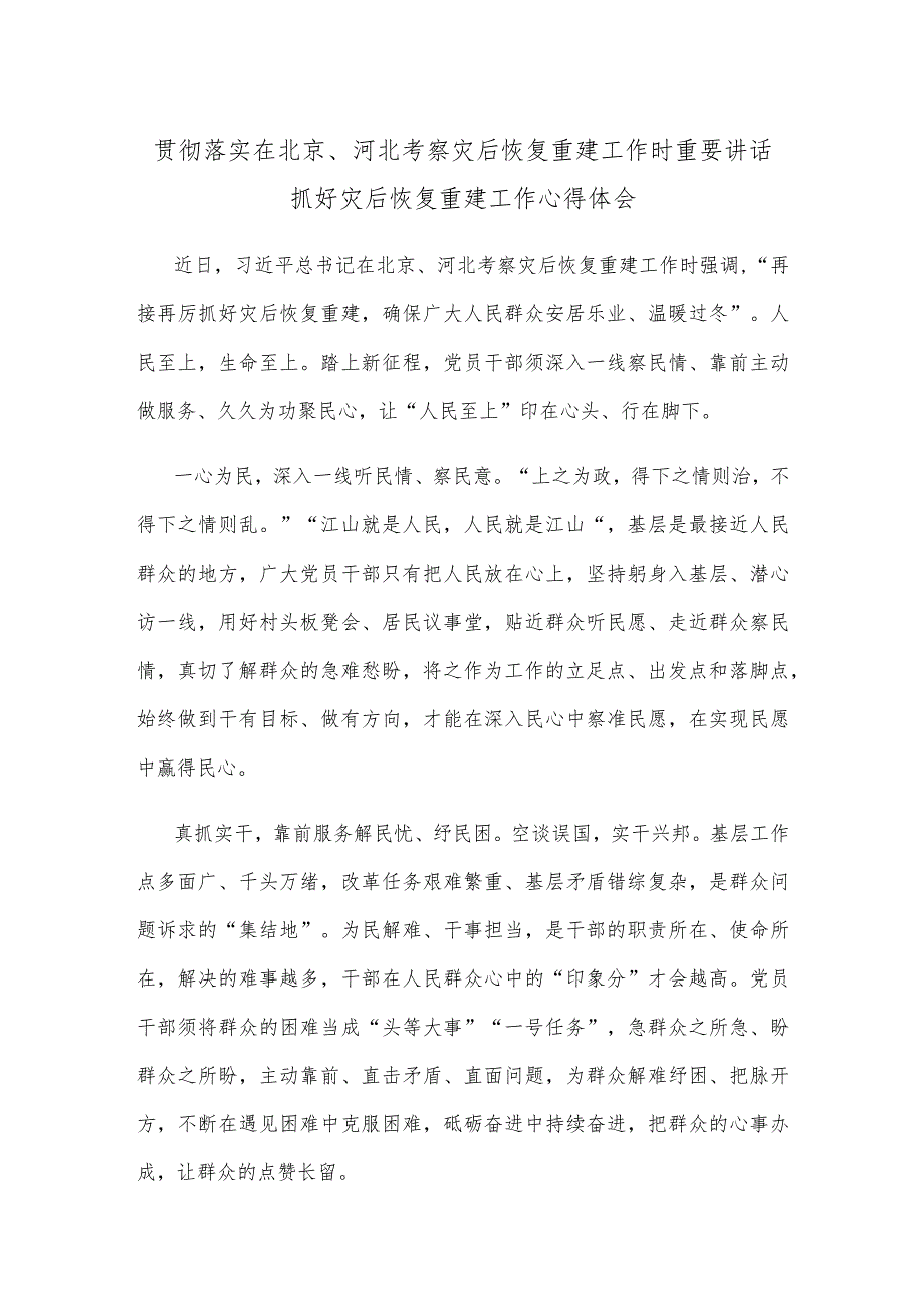 贯彻落实在北京、河北考察灾后恢复重建工作时重要讲话抓好灾后恢复重建工作心得体会.docx_第1页