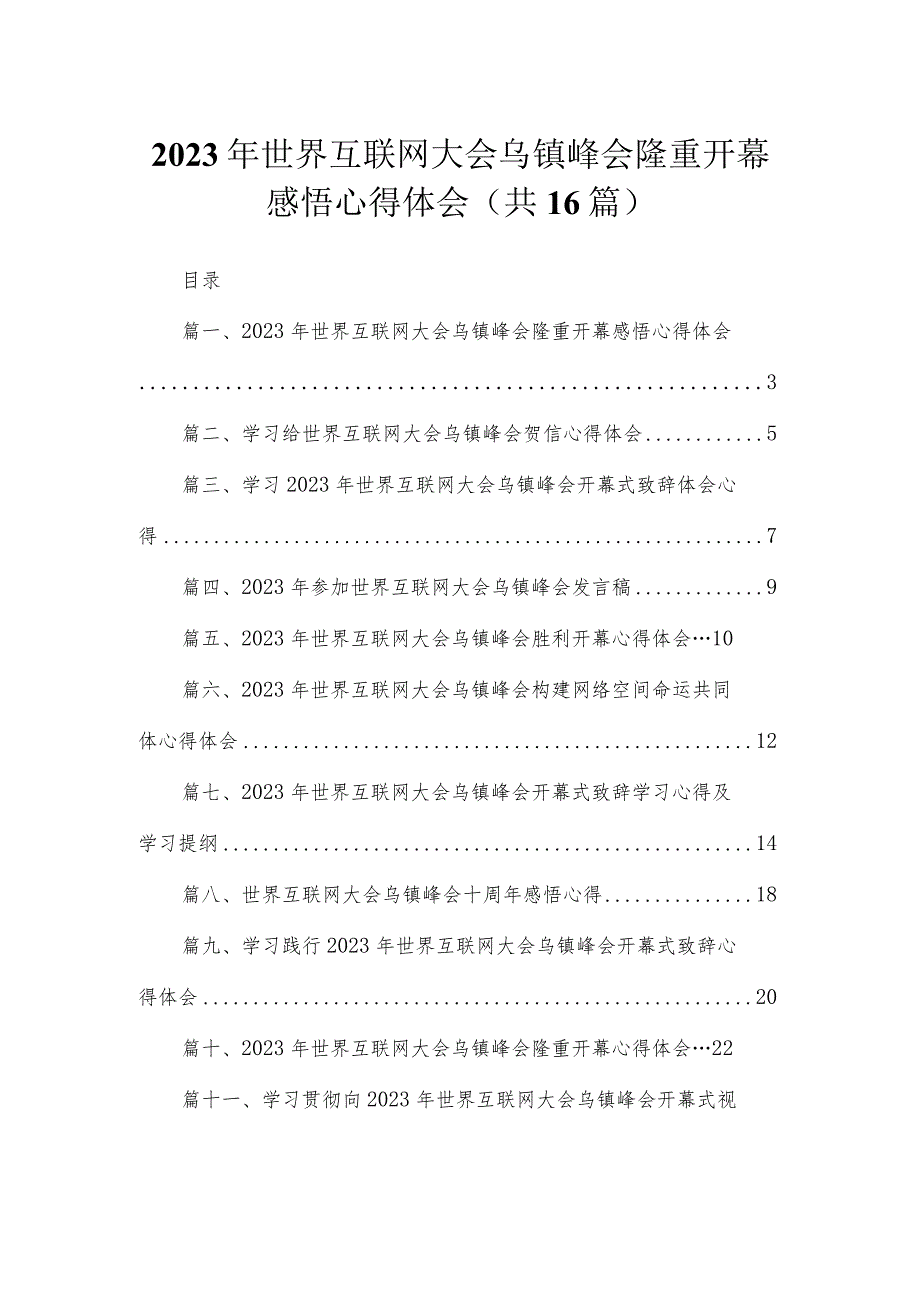 2023年世界互联网大会乌镇峰会隆重开幕感悟心得体会16篇供参考.docx_第1页