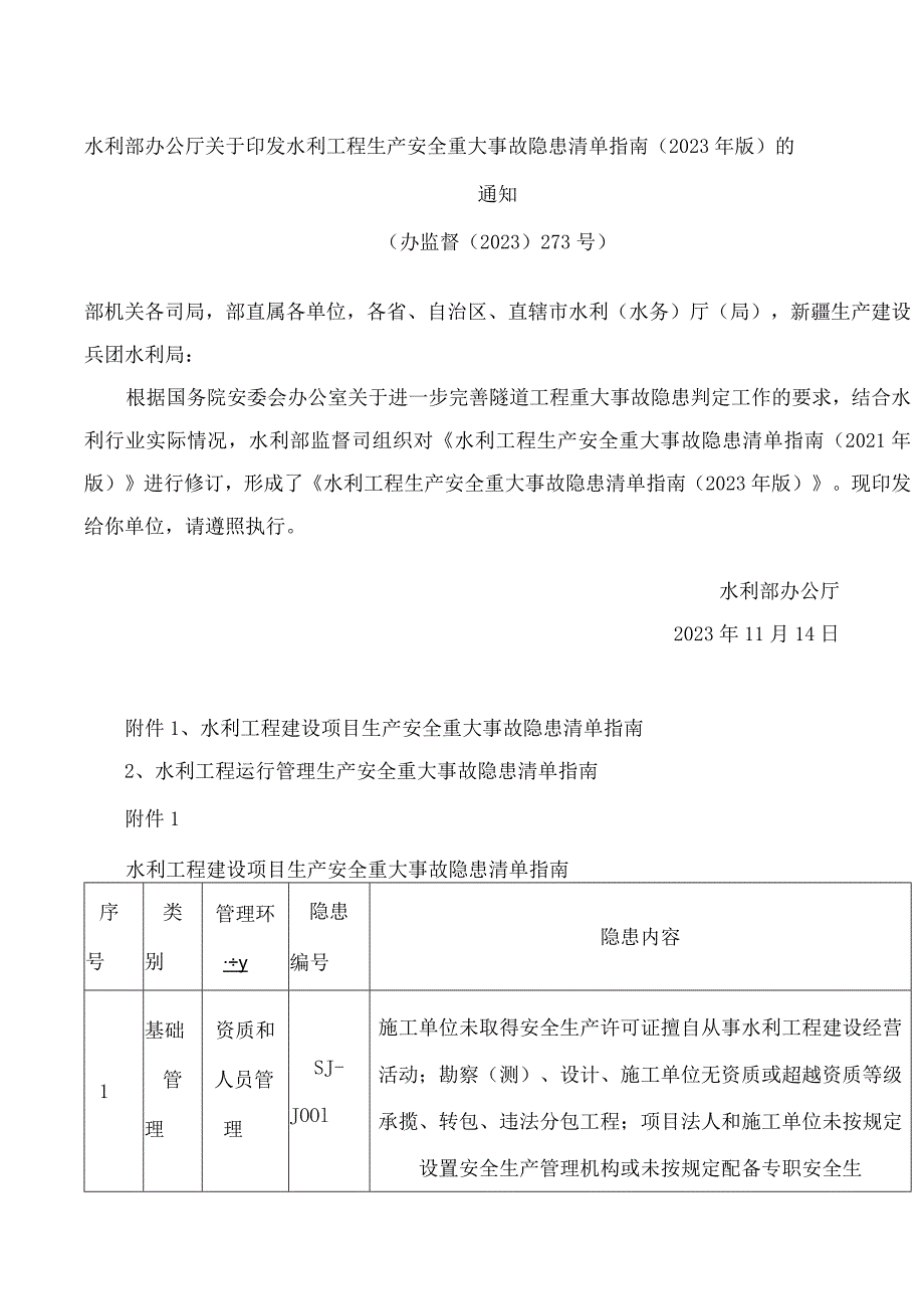 水利部办公厅关于印发水利工程生产安全重大事故隐患清单指南(2023年版)的通知.docx_第1页