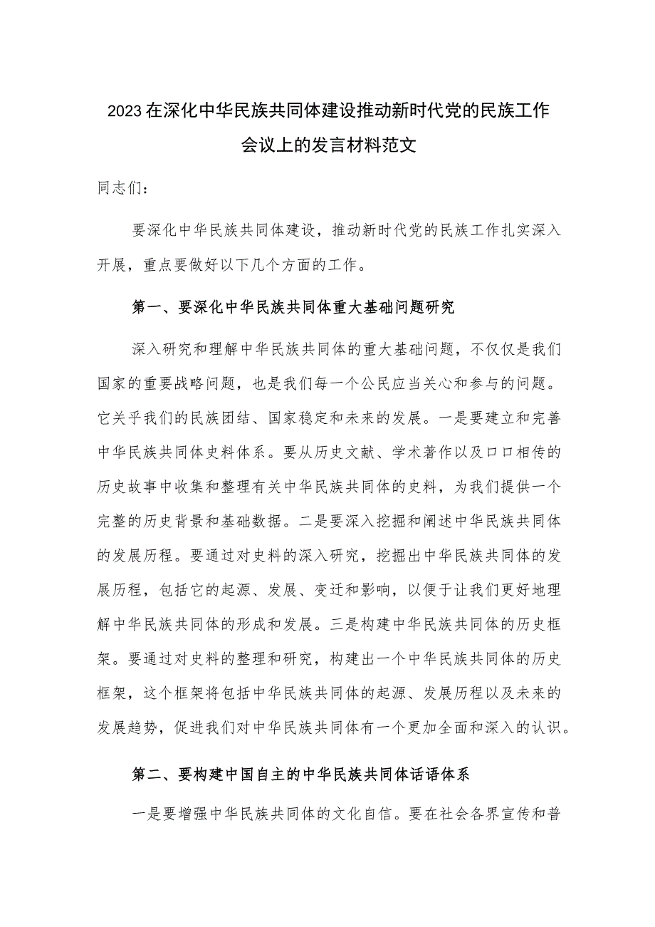 2023在深化中华民族共同体建设推动新时代党的民族工作会议上的发言材料范文.docx_第1页