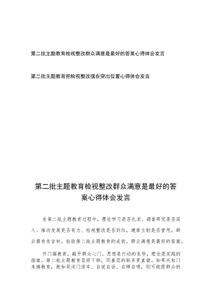 第二批主题教育检视整改群众满意是最好的答案心得体会发言、第二批主题教育把检视整改摆在突出位置心得体会发言.docx