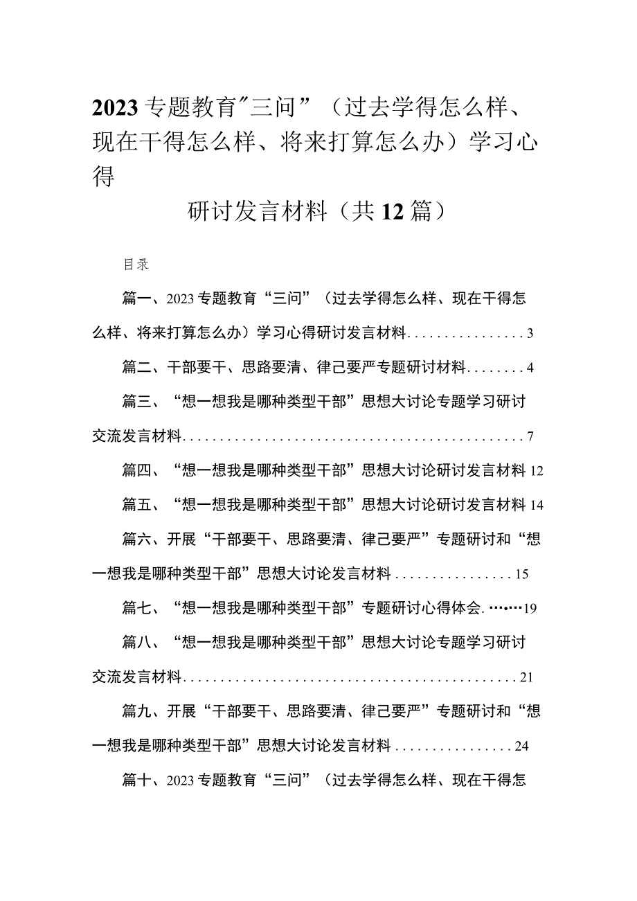 专题教育“三问”（过去学得怎么样、现在干得怎么样、将来打算怎么办）学习心得研讨发言材料12篇供参考.docx_第1页