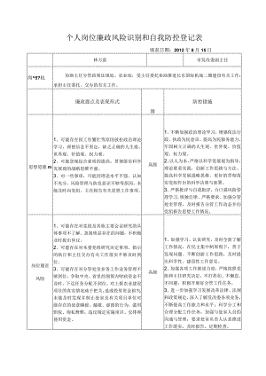 个人岗位廉政风险识别和自我防控登记表（示范表）.docx