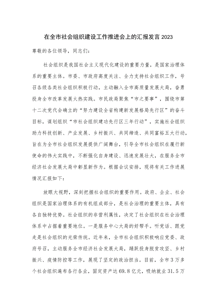 在全市社会组织建设工作推进会上的汇报发言2023.docx_第1页