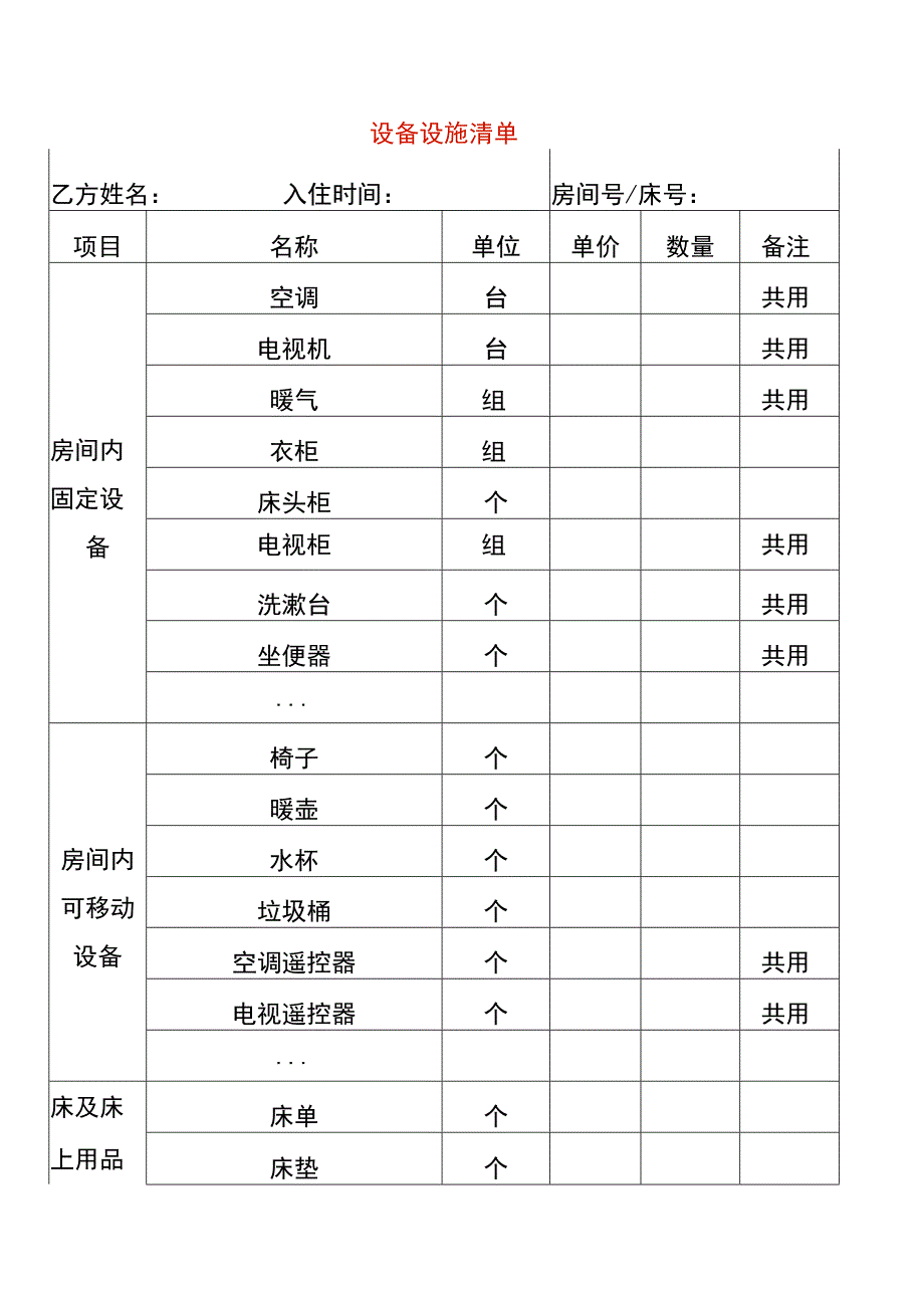 养老机构护理设备设施清单.docx_第1页