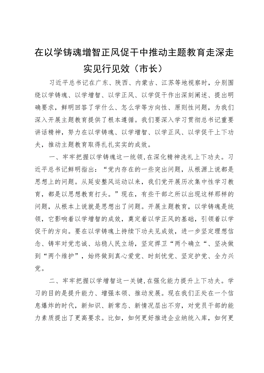 某市长在主题教育专题研讨学习会上的发言.docx_第1页