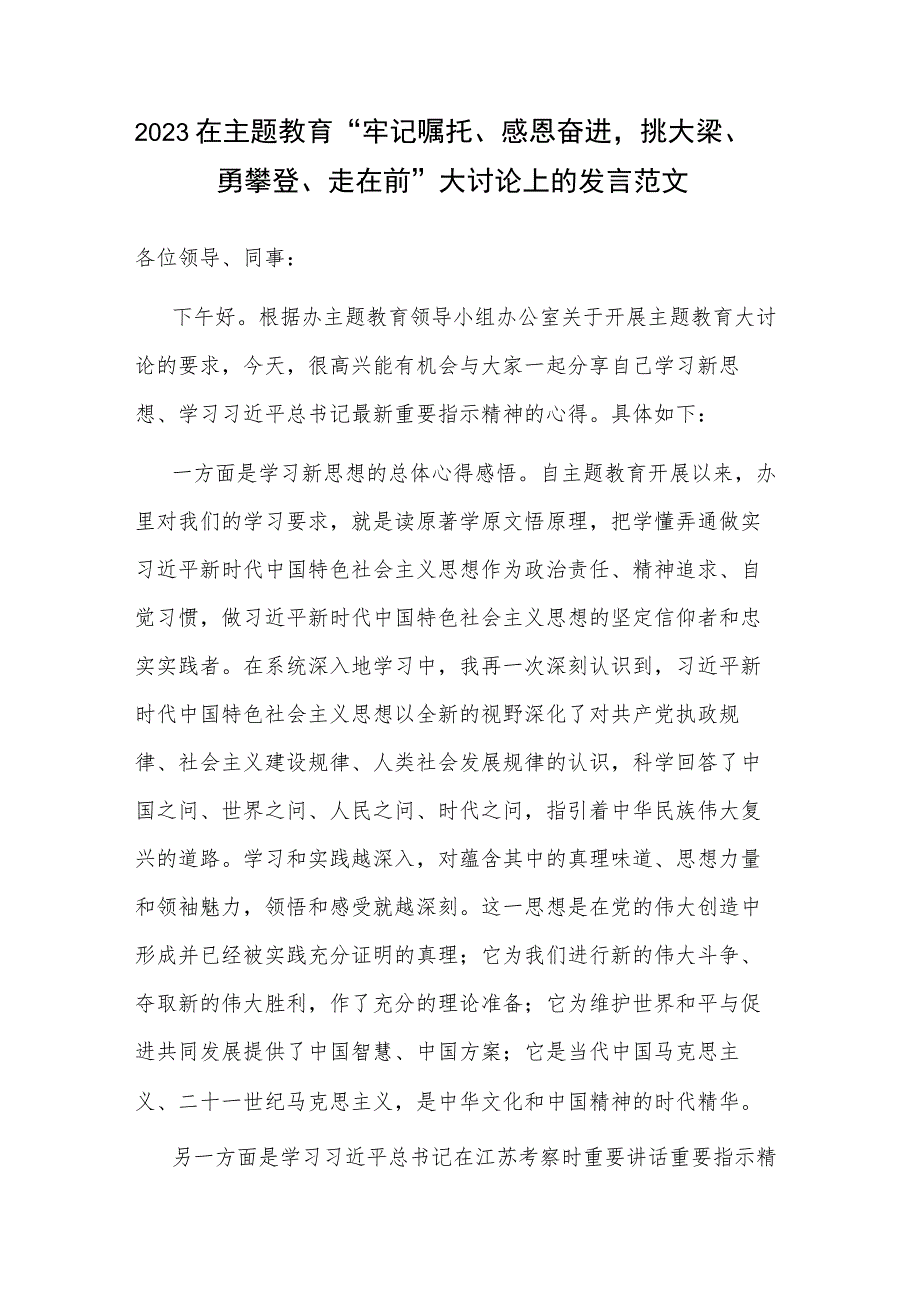 2023在主题教育“牢记嘱托、感恩奋进挑大梁、勇攀登、走在前”大讨论上的发言范文.docx_第1页