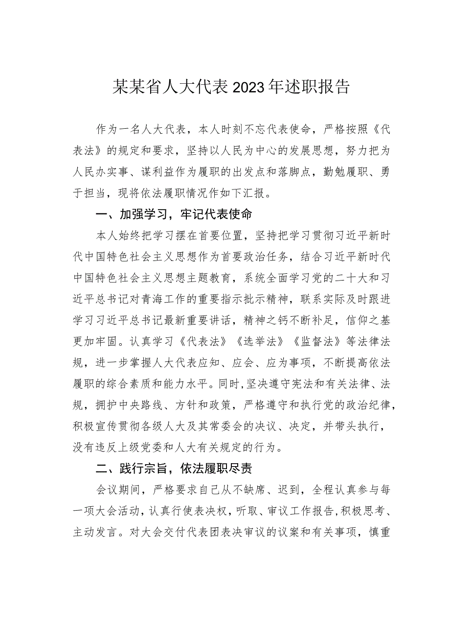 某某省人大代表2023年述职报告.docx_第1页