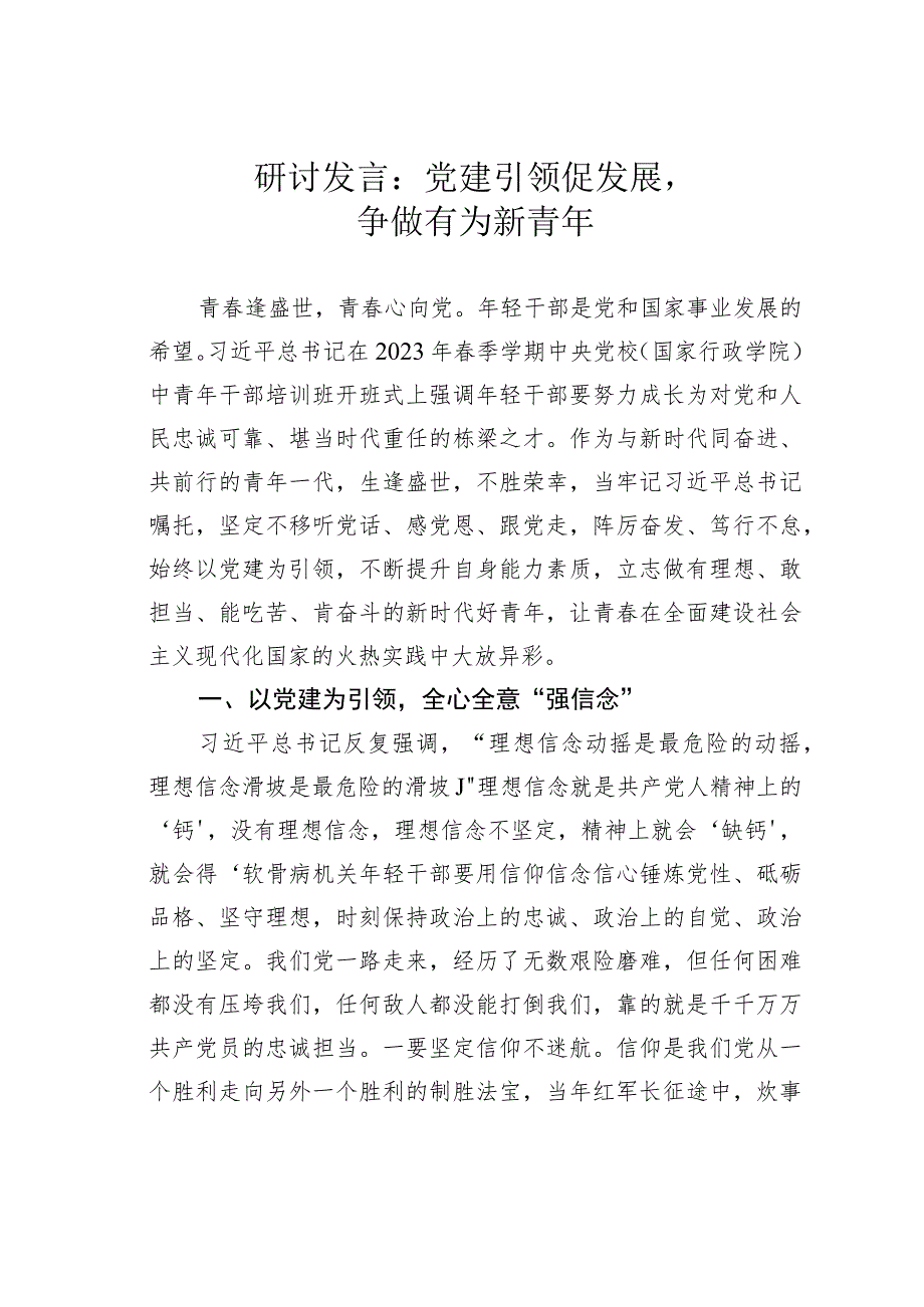 研讨发言：党建引领促发展争做有为新青年.docx_第1页