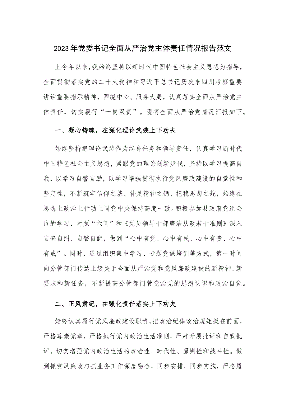 2023年党委书记全面从严治党主体责任情况报告范文.docx_第1页