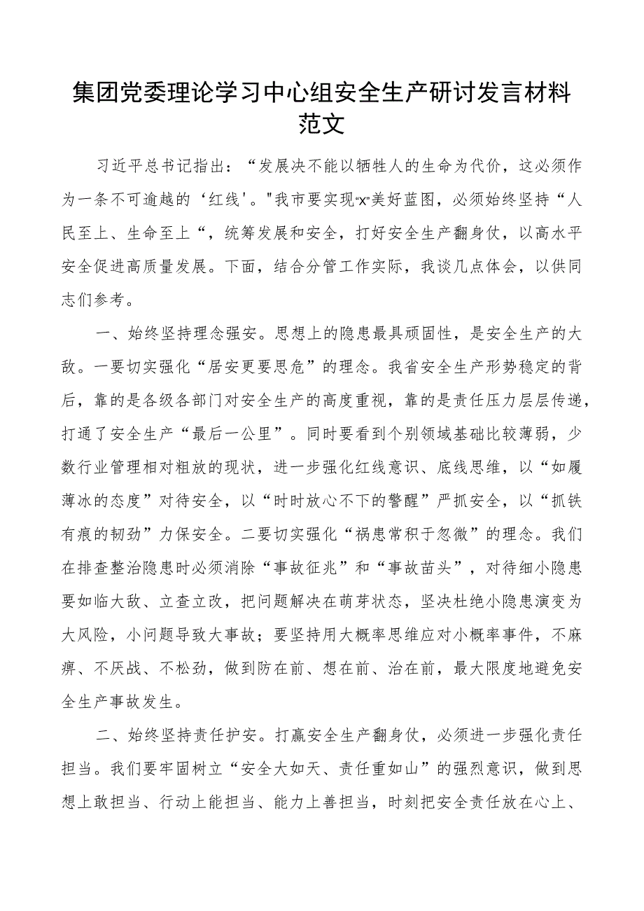 集团理论学习中心组安全生产研讨发言材料公司心得体会.docx_第1页