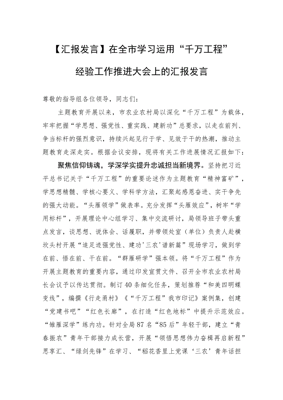 【汇报发言】在全市学习运用“千万工程”经验工作推进大会上的汇报发言.docx_第1页